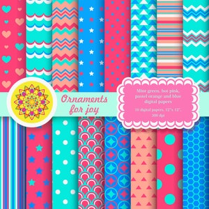 Colorato,rosa caldo,arancione,verde menta,turchese,azzurro blu,carta scrapbook digitale,gallone,triangoli,strisce,pois,scale,stelle,cuori