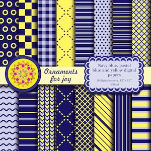 Bright,colorful,navy blue,pastel blue and yellow digital papers,polka dots,dashed lines in diagonal grid,circles,checker,stripes