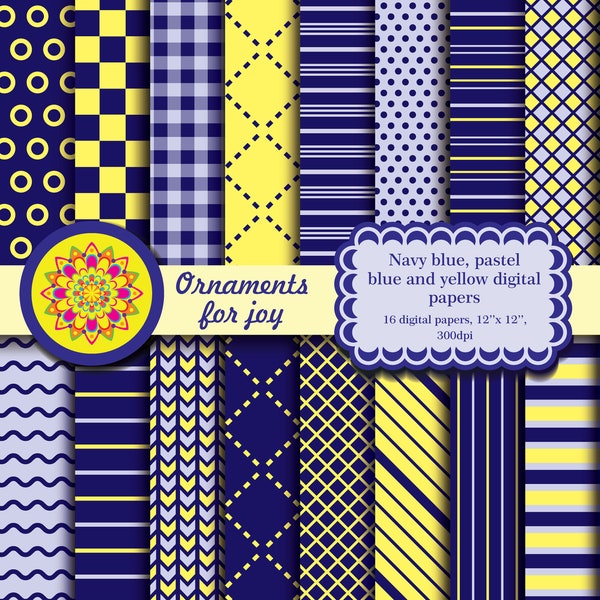 Bright,colorful,navy blue,pastel blue and yellow digital papers,polka dots,dashed lines in diagonal grid,circles,checker,stripes