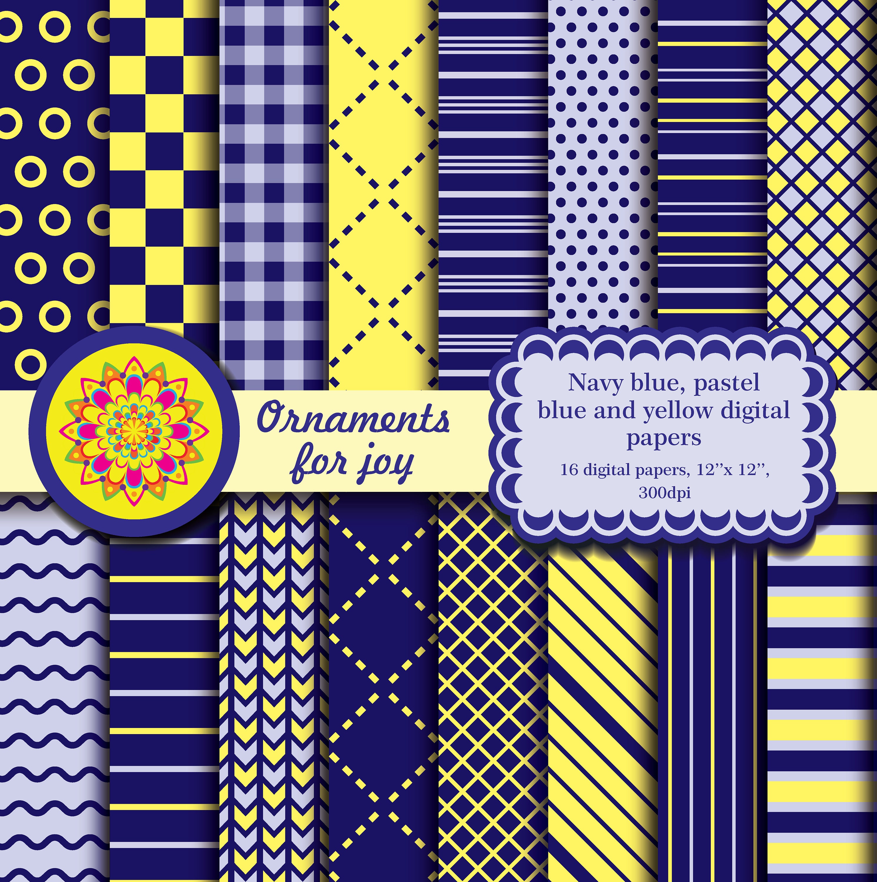 Bright,colorful,navy Blue,pastel Blue and Yellow Digital Papers,polka ...