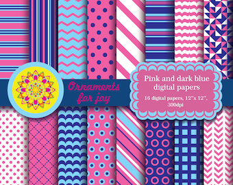 Bright, colorful digital papers, navy blue, blue and pink digital papers, chevron, triangles, stripes, polka dots, waves, circles, triangles