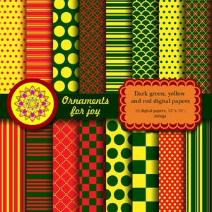 Bright, colorful green, yellow and red digital papers, polka dots, checker, stripes, argyle, petals, dotted lines in diagonal grid, scales