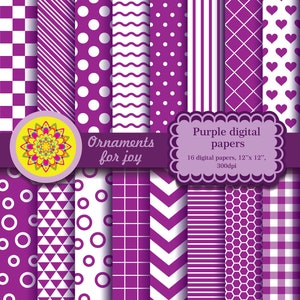 Colorful, bright purple and white digital papers, polka dots, stripes, circles, triangles, honeycomb, gingham, diagonal stripes, hearts