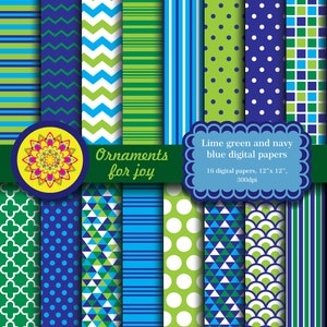 Papeles digitales coloridos, brillantes, azul marino y verde lima, triángulos, rectángulos, rayas, quatrefoils, escamas, lunares, paquete de papel digital