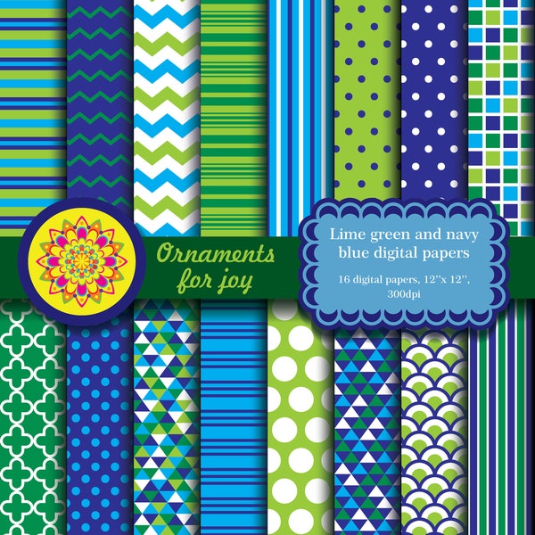 Colorful, bright, navy blue and lime green digital papers, triangles, rectangles, stripes, quatrefoils, scales,polka dots,digital paper pack