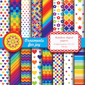 Puede incluir: Un conjunto de 16 papeles digitales con colores arcoíris y varios patrones, incluyendo estrellas, corazones, formas geométricas y lunares. Los papeles son de 30,5 cm x 30,5 cm y 300 dpi. "Ornaments for joy" y "Rainbow digital papers" están escritos en la imagen.