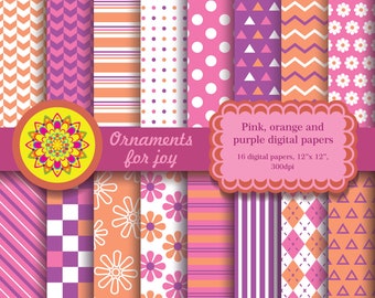 pink orange and purple scrapbook paper, pink orange and purple digital scrapbooking, chevron, triangles, stripes, checker, argyle, flowers