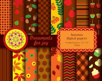 Digitala höstpapper, orange, gul, mörkröd, brun, höstclipart, löv, ekollon, bär, äppelskörd, äppelgodis