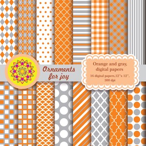 Colorful, bright, orange and gray digital papers, polka dots, scales, rectangles, argyle, stripes, quatrefoil, diagonal stripes, gingham