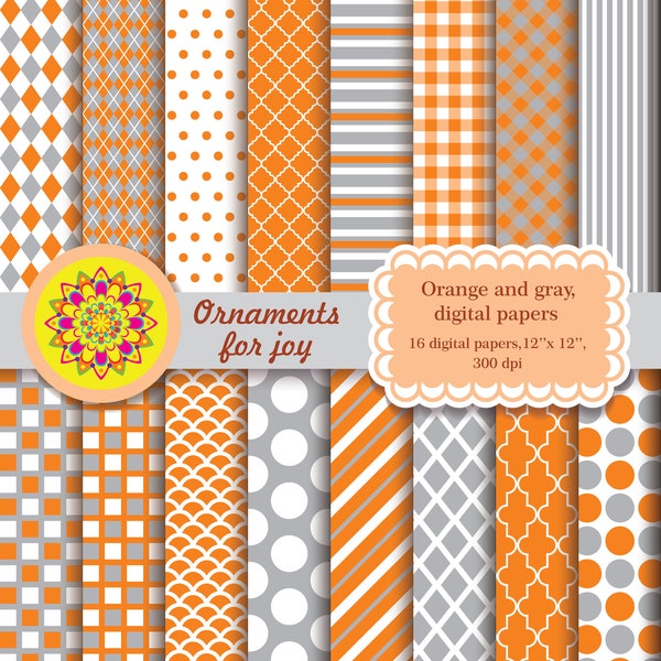 Colorful, bright, orange and gray digital papers, polka dots, scales, rectangles, argyle, stripes, quatrefoil, diagonal stripes, gingham
