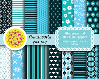 Mint digital papers,teal blue,turquoise digital papers,blue patterns,flowers,floral digital paper,argyle,hearts,stripes,honeycomb,quatrefoil