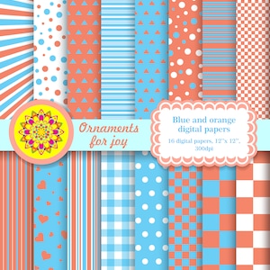 Blue, orange and white digital papers, scattered dots, stripes, checker, triangles,hearts,polka dots,gingham,scrapbook,rays,scrapbook papers