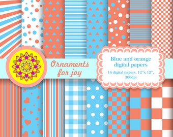 Blue, orange and white digital papers, scattered dots, stripes, checker, triangles,hearts,polka dots,gingham,scrapbook,rays,scrapbook papers