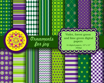 Violet, forest green and lime green digital papers, polka dots, dots, chevron, checker, stripes, argyle, abstract geometric digital paper