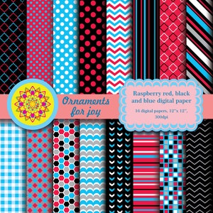Colorful, bright, digital papers, black, blue, raspberry red digital papers, quatrefoil, polka dots, chevron, stripes, rectangles, honeycomb