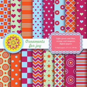 magenta red,light green,blue,orange digital scrapbook papers,checker,circles,stripes,polka dots,petals,scales,circles,chevron,hearts