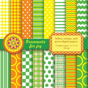 Papeles digitales coloridos, brillantes, amarillos, naranjas y verdes, papeles digitales de primavera, círculos, rayas, argyle, cuadros, lunares, cuadros, chevron