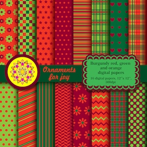 Carte digitali rosso bordeaux, arancione e verde brillante e colorato, plaid, strisce, pois, fiori, cuori, spina di pesce, stelle, scacchiera, chevron