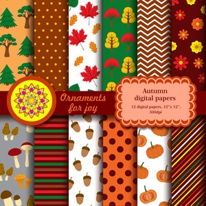 Autumn fall digital papers, autumn clipart, pumkin, leaves, mushrooms, trees, flowers, harvest, fall orange, red, yellow, green, brown