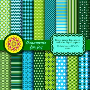 Puede incluir: Un conjunto de 16 papeles digitales con patrones en verde bosque, verde lima y azul. Los papeles miden 30,5 cm x 30,5 cm y tienen una resolución de 300 dpi. El texto "Ornaments for joy" se muestra en una pancarta verde.