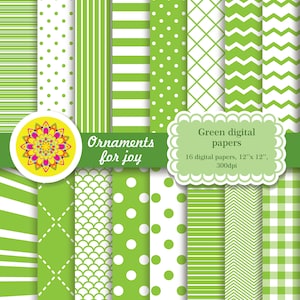 Papiers numériques vert lime, pois, rayures, chevron, lignes pointillées dans une grille diagonale, gingham, échelles, rayons, papiers scrapbook, emballage papier numérique