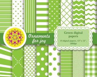 Lime green digital papers, polka dots, stripes,chevron,dotted lines in diagonal grid,gingham,scales,rays,scrapbook papers,digital paper pack