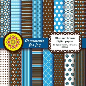 Colorful, blue and brown digital paper, triangles, dotted lines in diagonal grid, triangles, dots, polka dots, stripes, chevron, hearts
