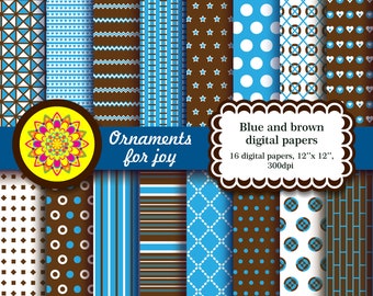 Colorful, blue and brown digital paper, triangles, dotted lines in diagonal grid, triangles, dots, polka dots, stripes, chevron, hearts