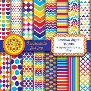 Color brillante, papeles digitales coloridos, papeles digitales arco iris, corazones, lunares, chevron, rayas, triángulos, argyle, escalas, quatrefoil