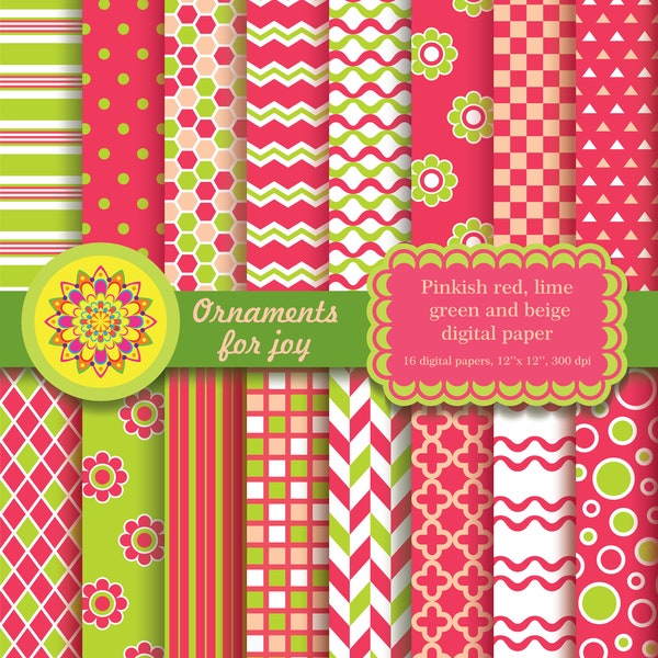 Pinkish red,lime green,beige,bright,colorful digital scrapbook papers,polka dots,circles,chevron,checker,stripes,honeycomb,triangles,flowers