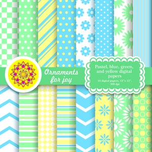Bright, colorful, pastel, yellow, blue, green spring digital papers, flowers, chevron, stripes, polka dots, checker, diagonal,stripes,argyle