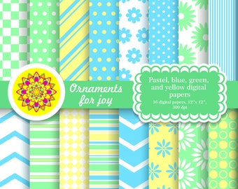 Bright, colorful, pastel, yellow, blue, green spring digital papers, flowers, chevron, stripes, polka dots, checker, diagonal,stripes,argyle