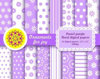 Papeles digitales morados y blancos pastel, papeles digitales florales, flores, lunares, rayas, papeles de álbum de recortes, paquete de papel digital, álbum de recortes