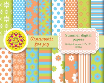 May include: A set of 16 digital papers featuring various summer-themed patterns, including polka dots, stripes, and floral designs. The papers are 12 inches by 12 inches and 300 dpi. The text "Ornaments for joy" and "Summer digital papers" is included in the image.