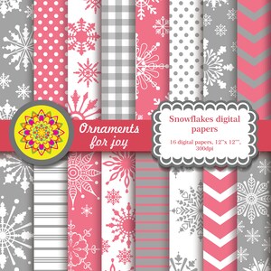 May include: Set of 16 digital papers featuring snowflake patterns in pink and gray. The papers are 12 inches by 12 inches and 300 dpi. The text "Ornaments for joy" and "Snowflakes digital papers" is included in the image.