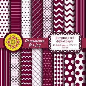 Carte digitali rosso borgogna, pois, strisce, quadrifoglio, chevron, triangoli, linee in griglia diagonale, scacchiera diagonale, confezione di carta digitale