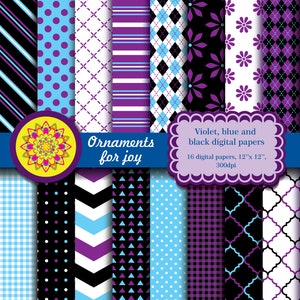 Colorful, bright, purple, black, blue digital papers, argyle, gingham, dashed lines in diagonal grid, flowers,stripes,quatrefoils,polka dots