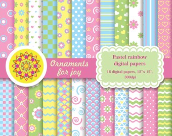 May include: A set of 16 digital papers featuring pastel rainbow colors and various patterns, including polka dots, stripes, flowers, and geometric shapes. The papers are 12 inches by 12 inches and 300 dpi. The text "Ornaments for joy" and "Pastel rainbow digital papers" is included in the image.