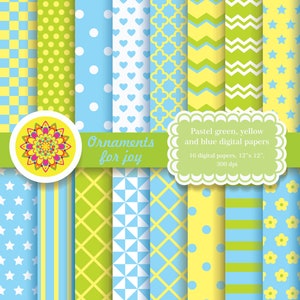 Coloré, pastel, couleur d'été, jaune, vert, bleu, papier numérique, pois, points, triangles, rayures, étoiles, damier, chevron, quadrilobe, fleurs