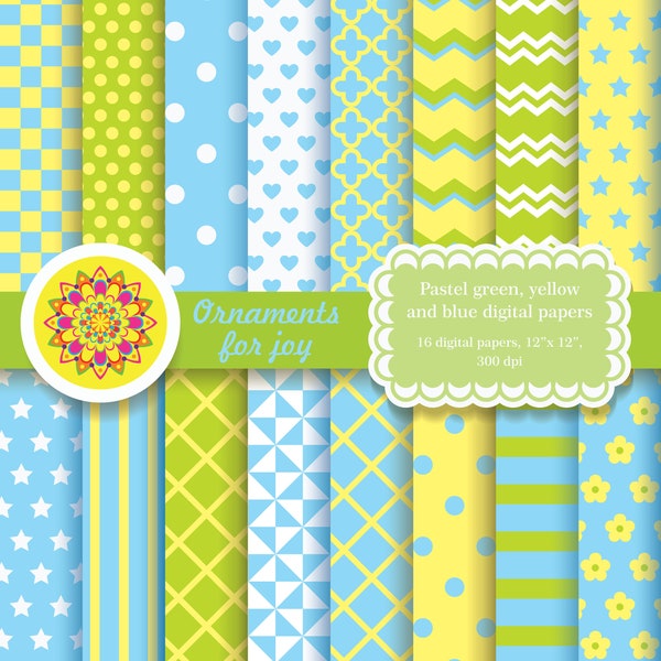 Colorful,pastel,summer color,yellow,green, blue,digital paper, polka dots, dots,triangles,stripes,stars,checker,chevron,quatrefoil,flowers