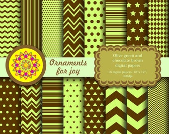 Olive green and chocolate brown digital papers, polka dots, chevron, stripes, scrapbook papers,digital paper pack,scrapbooking,digital paper