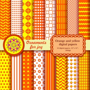 Colorful, bright orange and yellow digital papers, herringbone, chevron, rectangles, stripes, polka dots, tartan, dots, argyle
