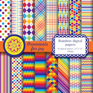 May include: A set of 16 digital papers featuring rainbow-colored patterns. The patterns include polka dots, stripes, checkered, and geometric designs. The text "Ornaments for joy" and "Rainbow digital papers" is included in the image. The text also states that the papers are 12 inches by 12 inches and 300 dpi.