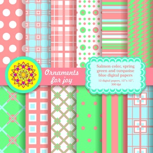 Colorful, bright color, pastel digital papers, salmon color,spring green and turquoise blue,digital papers,abstract geometric digital papers
