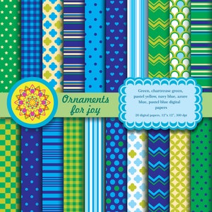 Verde foresta, blu pastello, giallo, azzurro, blu navy, carte scrapbook digitali, stelle, percalle, scacchiera, strisce, pois, squame, quadrifoglio, chevron