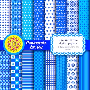 May include: Sixteen blue and white digital papers with diverse patterns, such as triangles, dots, stars, and geometric designs. The image features the text "Ornaments for joy" and "Blue and white digital papers, 12"x 12", 300dpi". Each paper measures 30.48 cm x 30.48 cm.