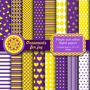 Carte digitali colorate, carte digitali viola e gialle brillanti, fiori, cuori, strisce, pois, argyle, quatrefoil, triangoli