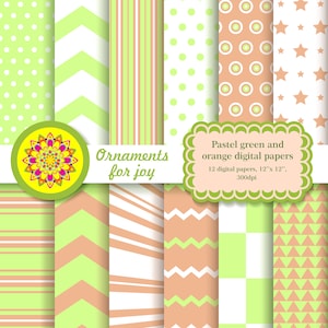 Pastel green, orange and spring digital paper, pastel digital papers, polka dots, triangles, stripes, chevron, checker, scrapbook papers