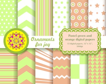 Pastelgroen, oranje en lente digitaal papier, pastel digitaal papier, stippen, driehoeken, strepen, chevron, ruit, plakboekpapier