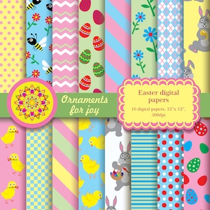 Easter digital papers, Easter digital scrapbooking, Easter bunny, eggs and chick scrapbook papers, colorful spring digital papers